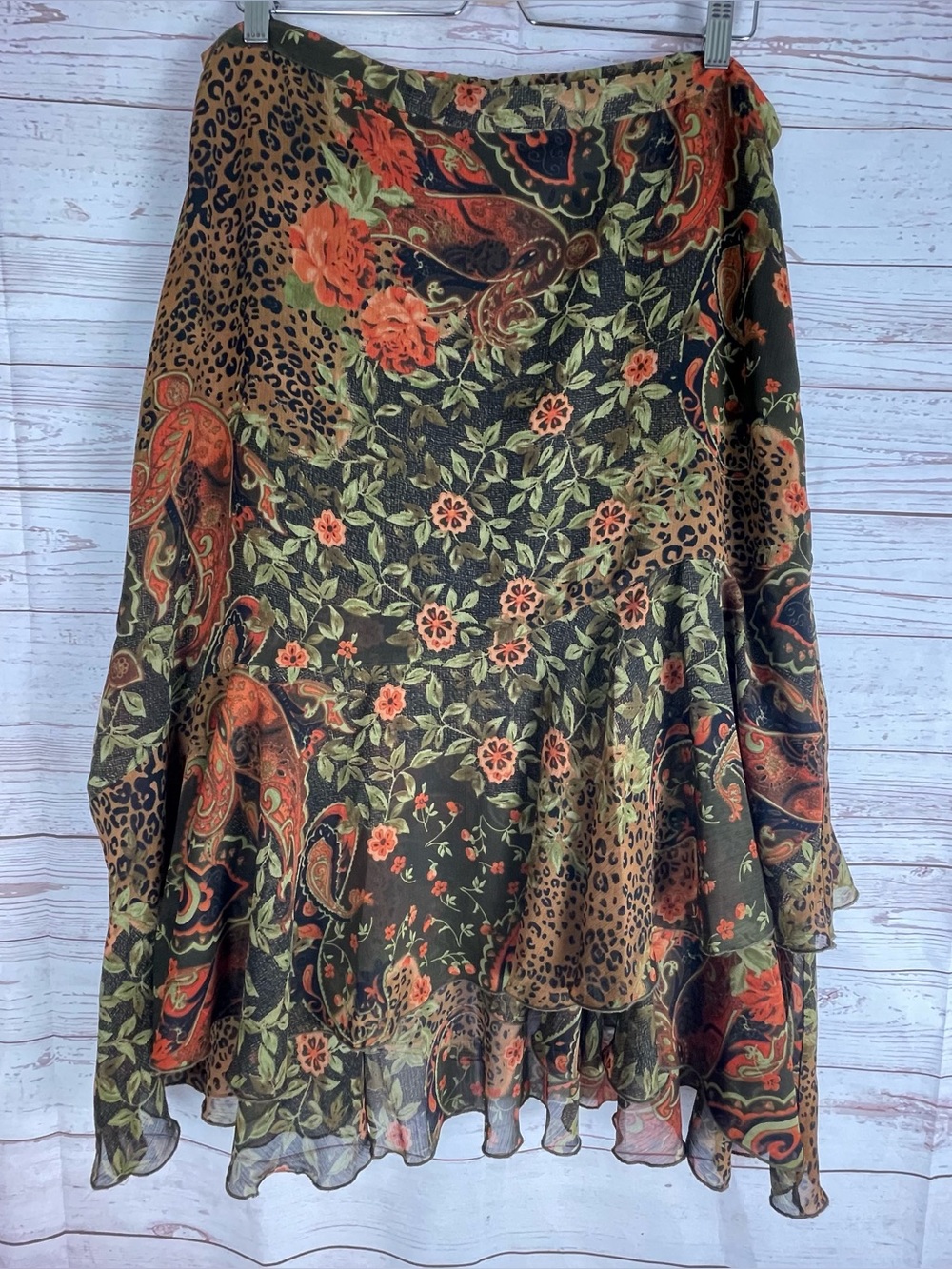 Coldwater Creek Chiffon Maxi Skirt Sz PXL Mixed Floral Animal Print Tiered Hem